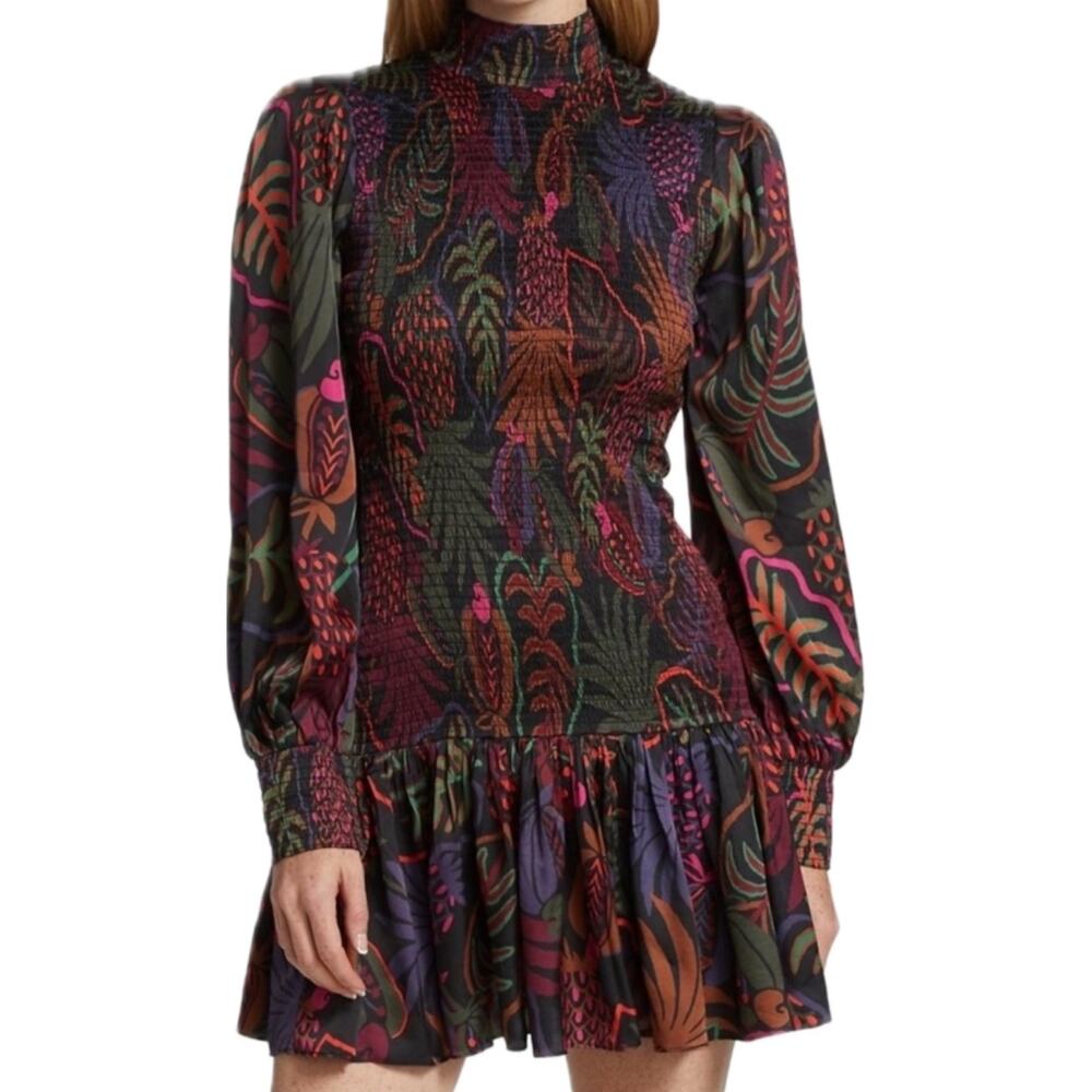 FARM Rio Smocked Mini Dress XS Tropical Jungle Print Mock Neck Boho -